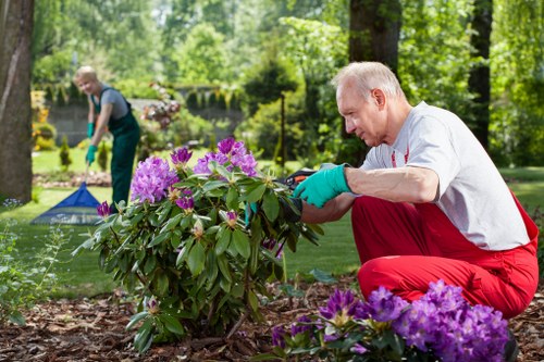 Gardener working safely in a Collier Row garden with protective gear